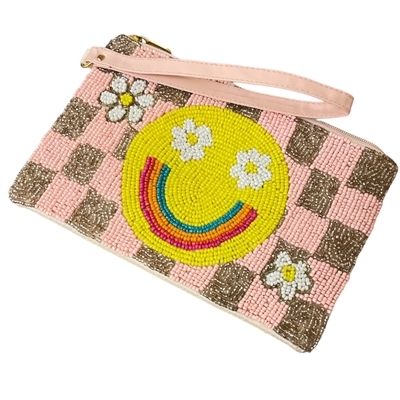 60-0417 HAPPY FACE  SEED BEAD ZIP TOP CLOSURE WRISTLET