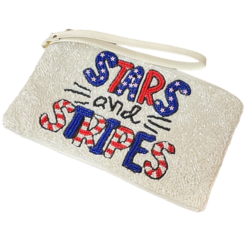 60-0420  STARS & STRIPES SEED BEAD ZIP TOP CLOSURE WRISTLET