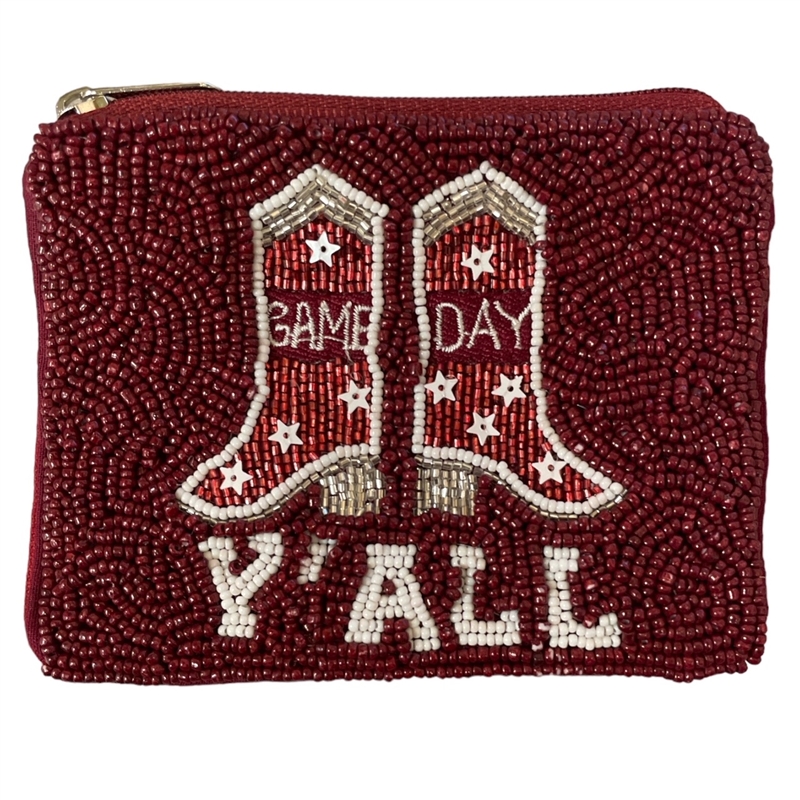 60-0434B BURGUNDY GAME DAY Y`ALL SEED BEAD ZIP CLOSURE COIN PURSE