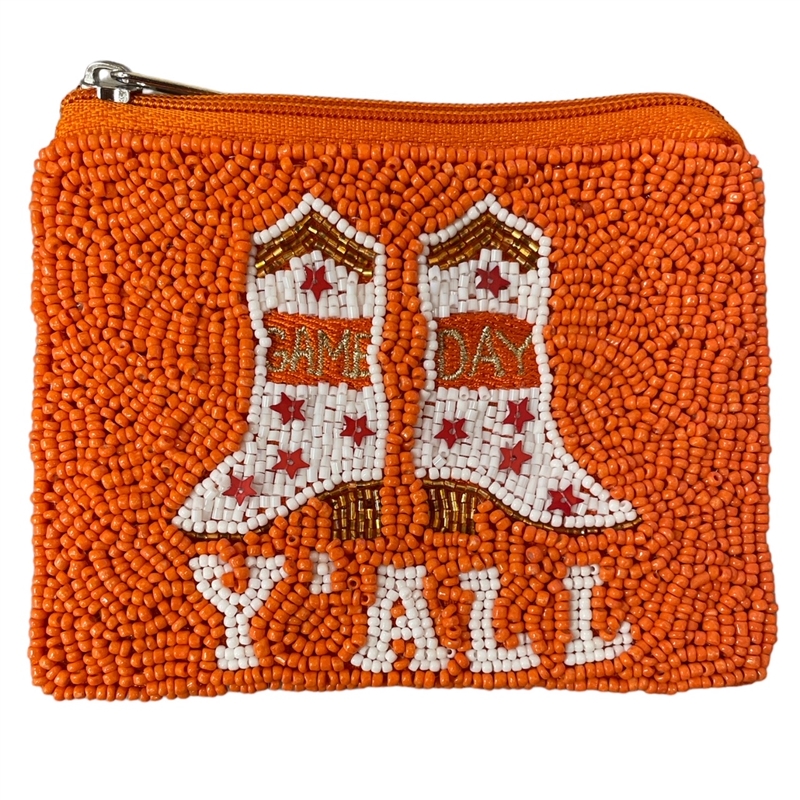 60-0434O ORANGE GAME DAY Y`ALL SEED BEAD ZIP CLOSURE COIN PURSE