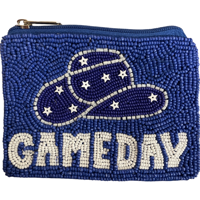 60-0435  ROYAL BLUE GAME DAY SEED BEAD ZIP CLOSURE COIN PURSE