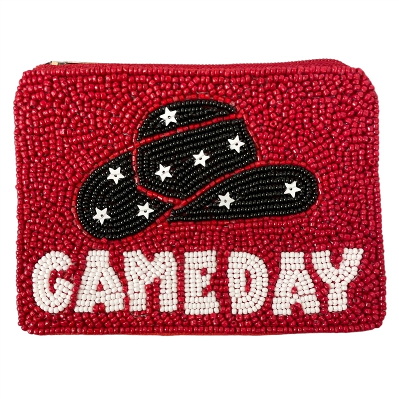 60-0435R RED BLACK  GAME DAY SEED BEAD ZIP CLOSURE COIN PURSE