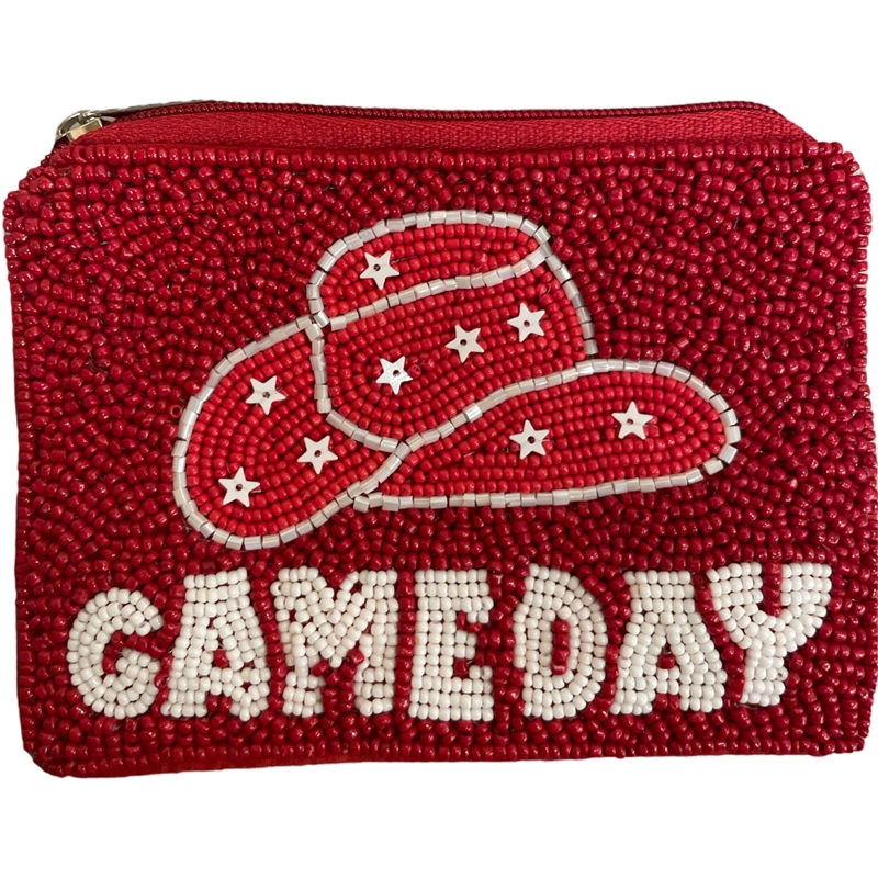 60-0435RW  RED WHITE  GAME DAY SEED BEAD ZIP CLOSURE COIN PURSE