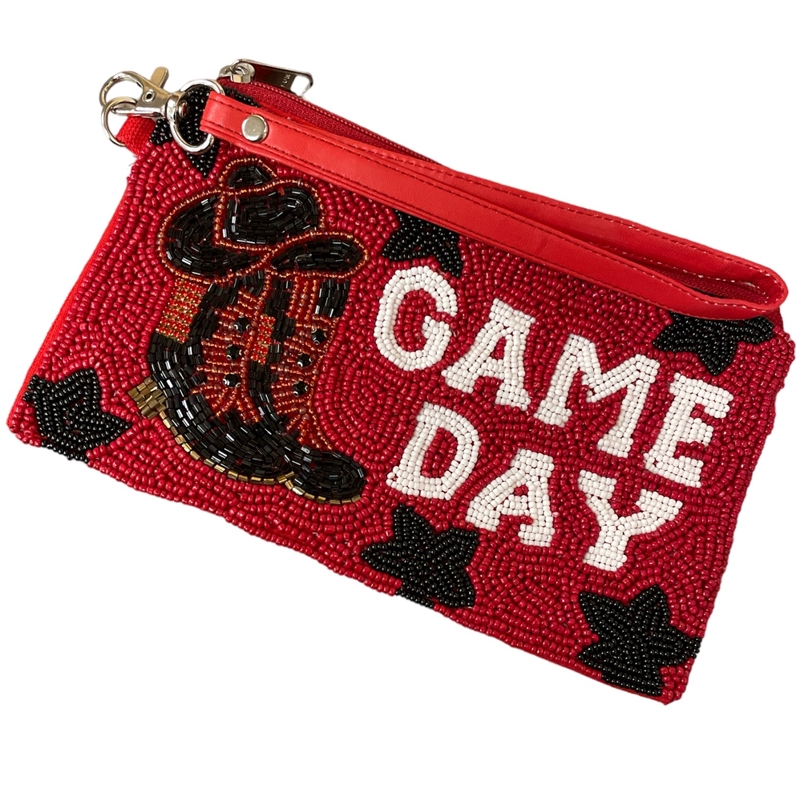 60-0436RB RED BLACK GAME DAY  SEED BEAD ZIP TOP CLOSURE WRISTLET