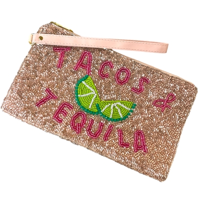 60-0457 TACOS & TEQUILA SEED BEAD ZIP TOP CLOSURE WRISTLET