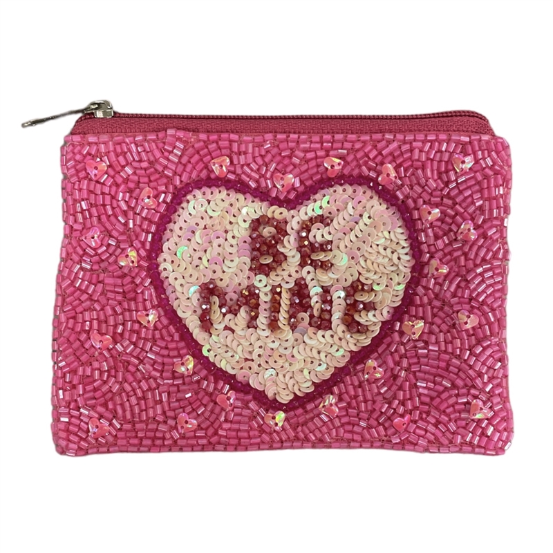 60-0539  BE MINE PINK  SEED BEAD ZIP CLOSURE COIN PURSE
