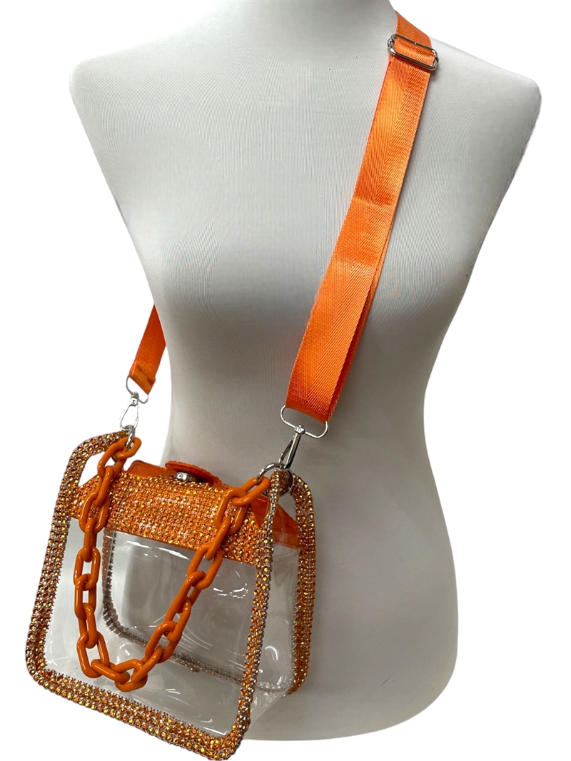 60-0582OR RHINESTONES CLEAR ORANGE CROSSBODY BAG