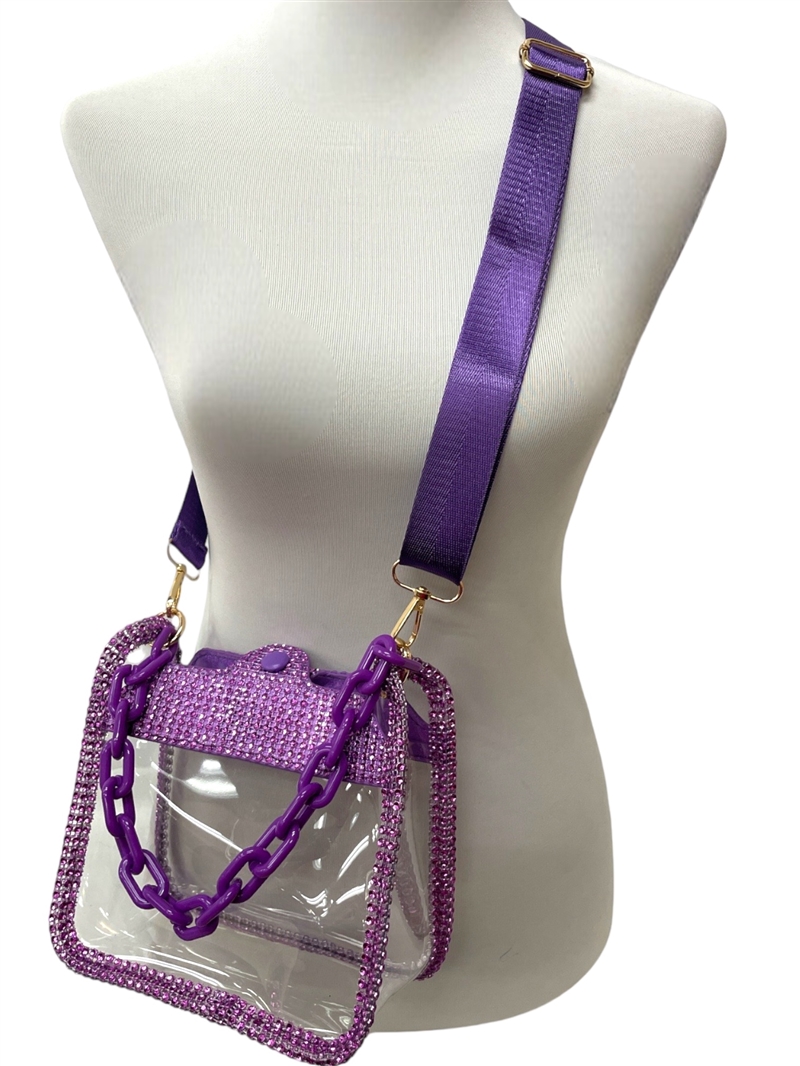 60-0582PR RHINESTONES CLEAR PURPLE CROSSBODY BAG