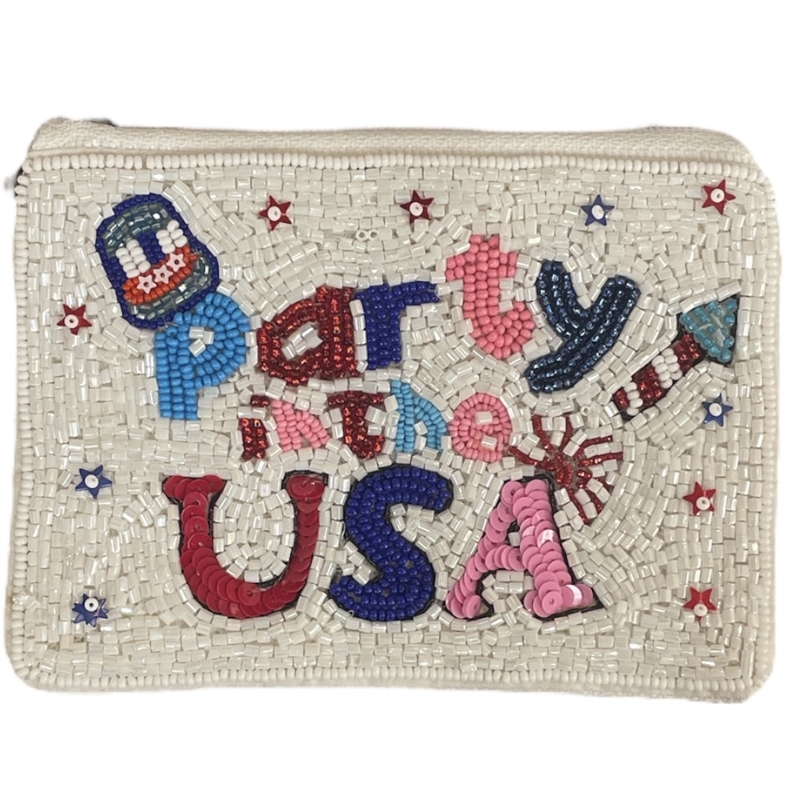 60-0583 'PARTY IN THE USA' SEED BEAD ZIP CLOSURE COIN PURSE