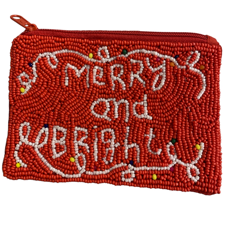 60-2022 RED  MERRY AND CHRISTMAS SEED BEAD ZIPPER CLOSURE COIN PURSE