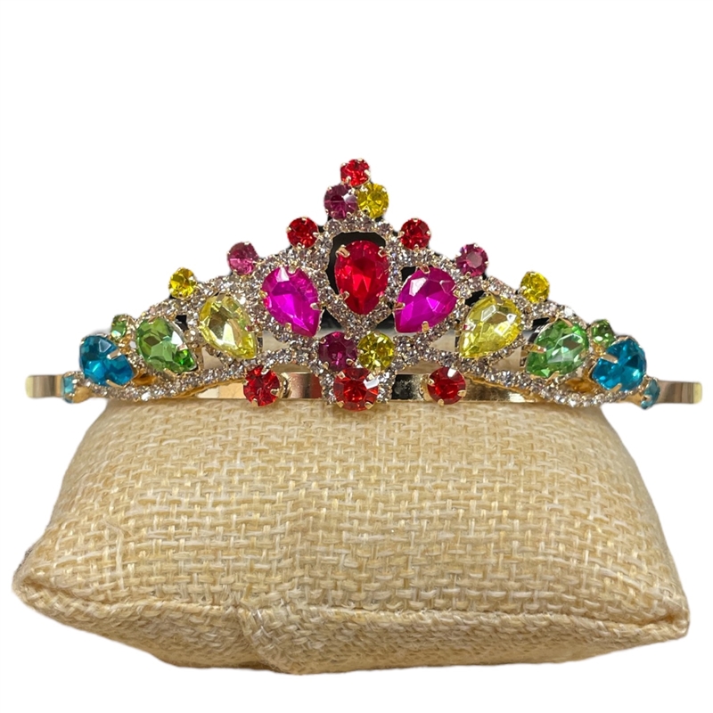 60658L GOLD MULTICOLOR RHINESTONE SHORT TIARA
