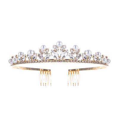 60709 RHINESTONE AND PEARL SHORT GOLD TIARA