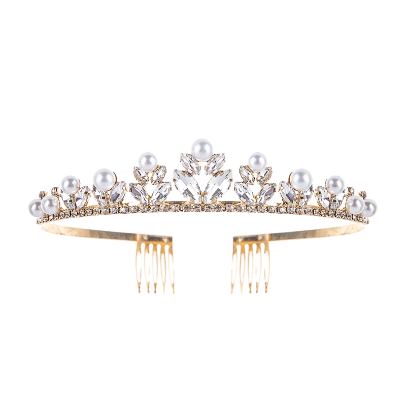 60709 RHINESTONE AND PEARL SHORT GOLD TIARA