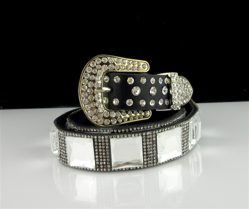 6126 RHINESTONE SQUARE GEMS BLACK LEATHER BELT