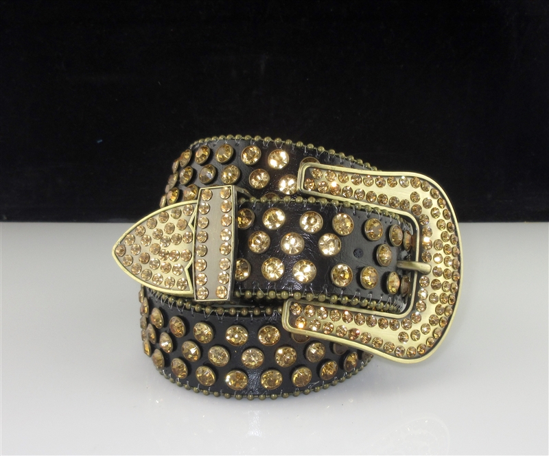 6156 3 LINE RHINESTONE BLACK/GOLD THICK BELT