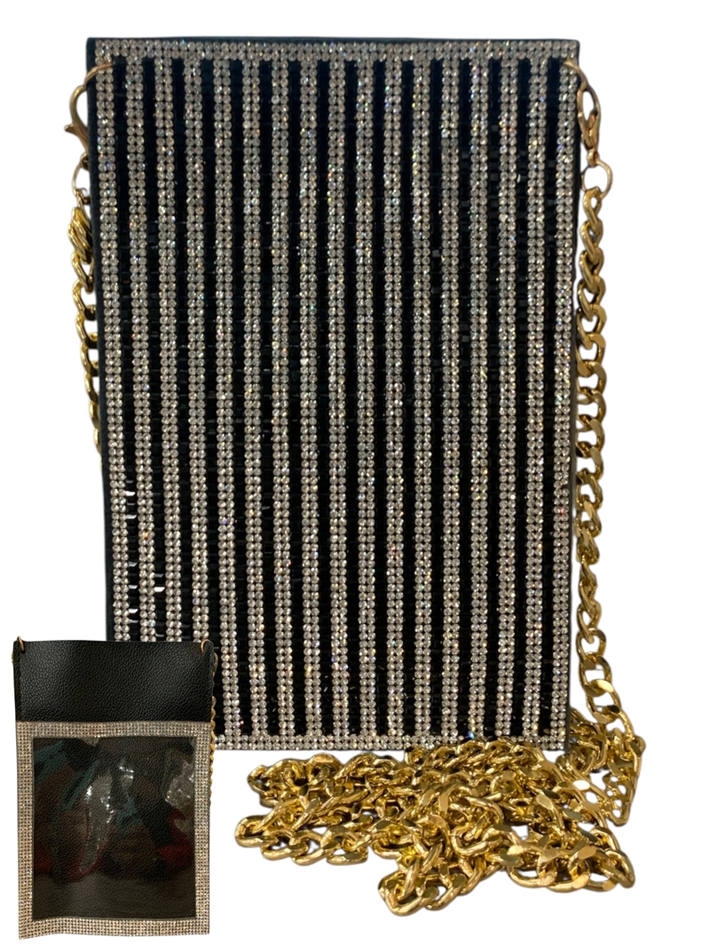 6501 BLACK AND SILVER RHINESTONE PHONE & CARD HOLDER CROSS BODY BAG