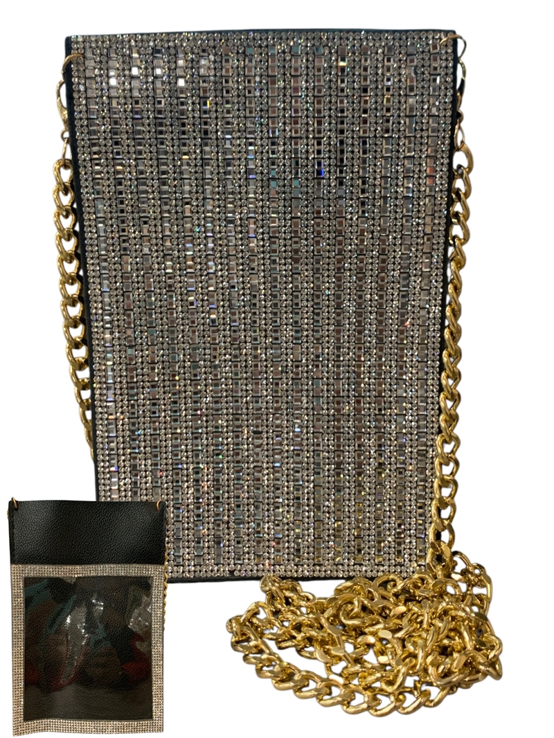 6503 AB SILVER SQUARE RHINESTONE PHONE & CARD HOLDER CROSS BODY BAG