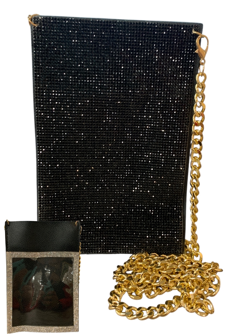 6505 BLACK RHINESTONE PHONE & CARD HOLDER CROSS BODY BAG