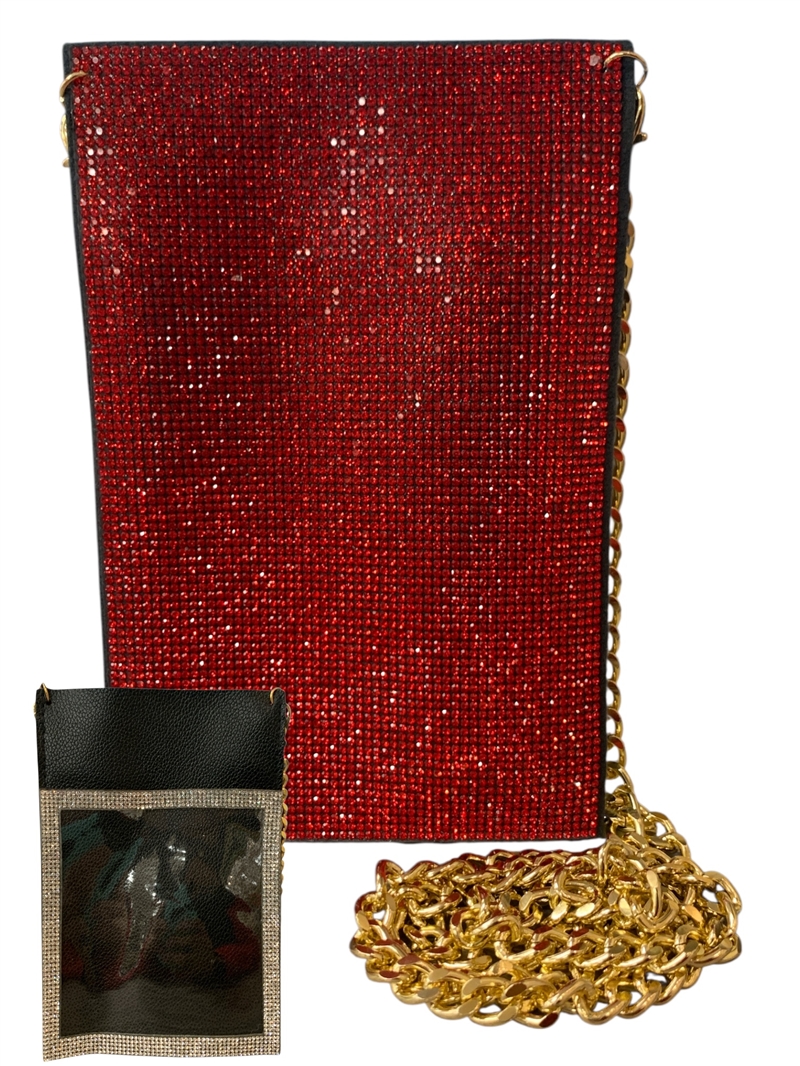 6506 RED RHINESTONE PHONE & CARD HOLDER CROSS BODY BAG