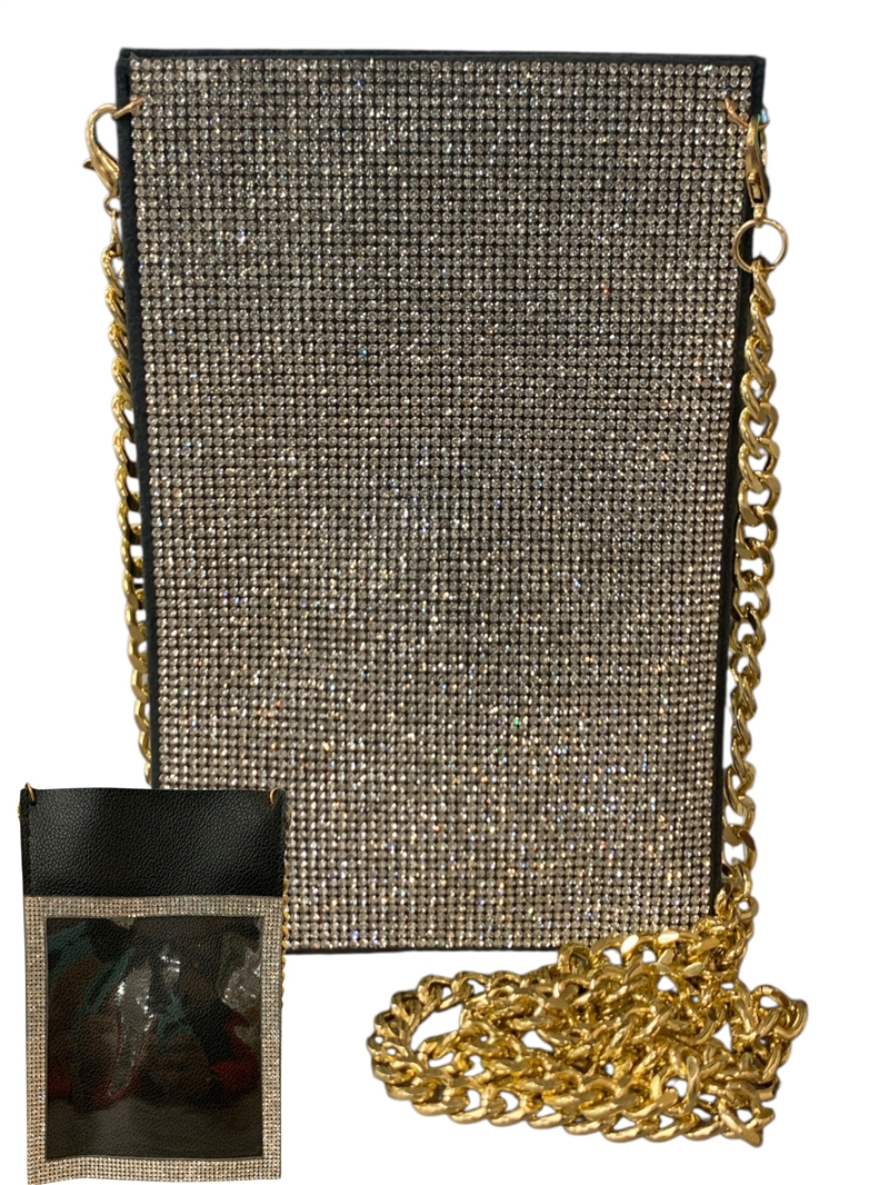 6508 AB SILVER RHINESTONE PHONE & CARD HOLDER CROSS BODY BAG