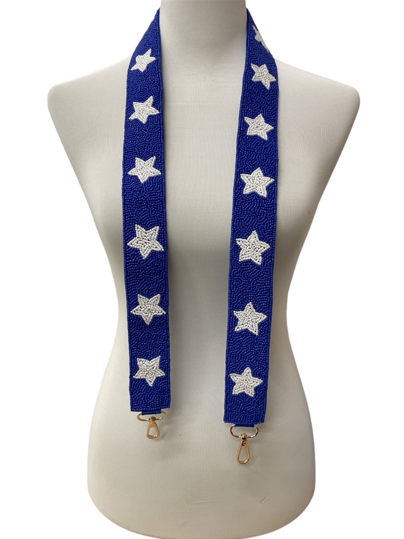 71-0006 BLUE AND WHITE STARS SEED BEAD BAG STRAP