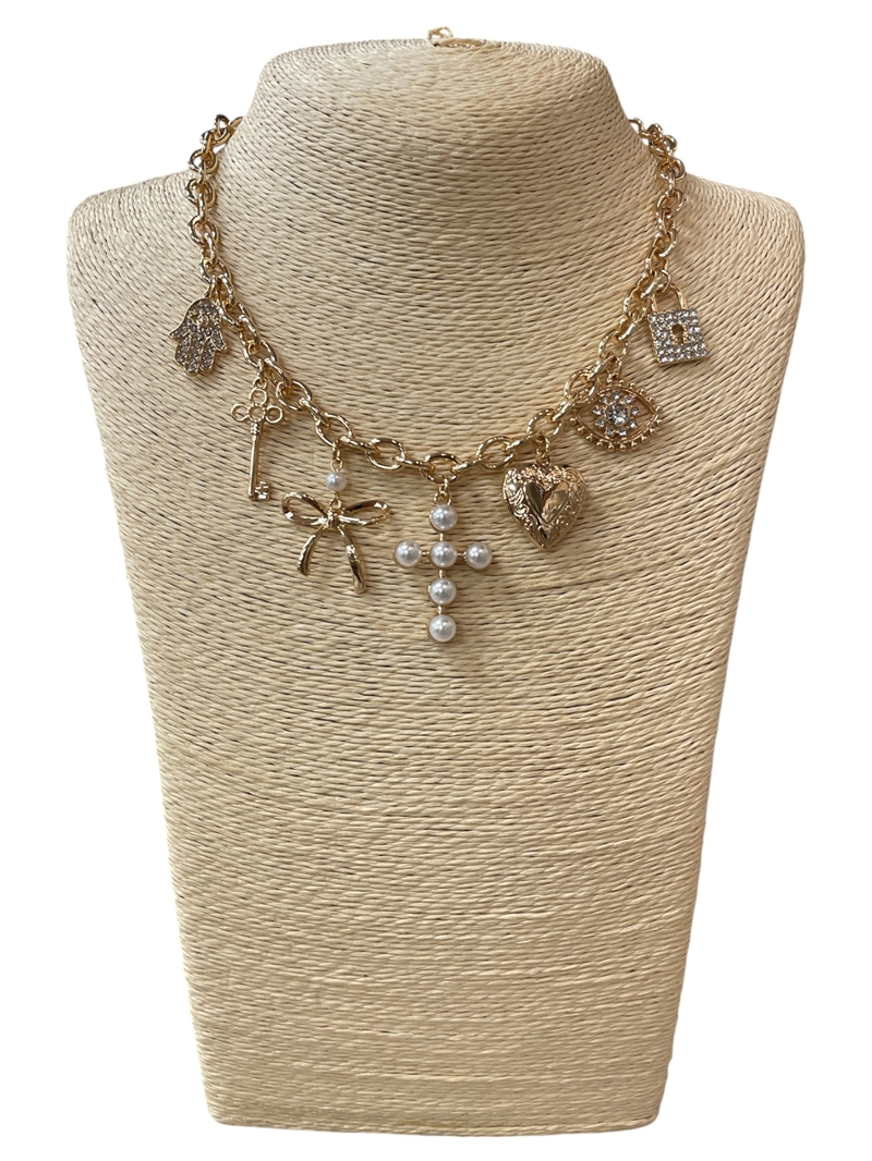 740 PEARLED & RHINESTONE GOLD CROSS NECKALCE