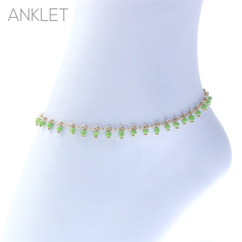 83539ALI LIME GREEN SEED BEAD DROP GOLD ANKLET