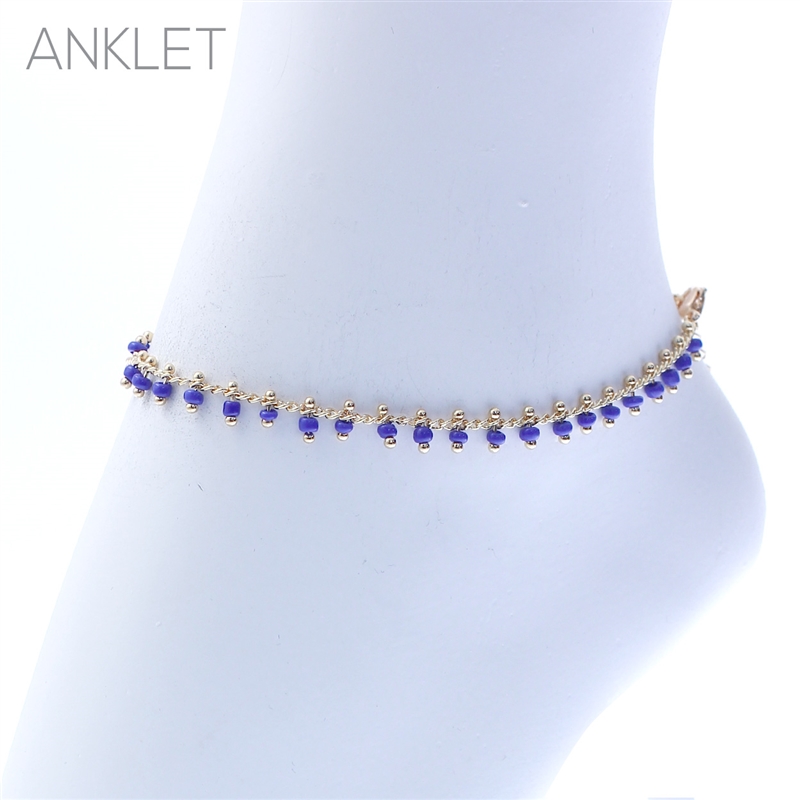 83539ASA BLUE SEED BEAD DROP GOLD ANKLET