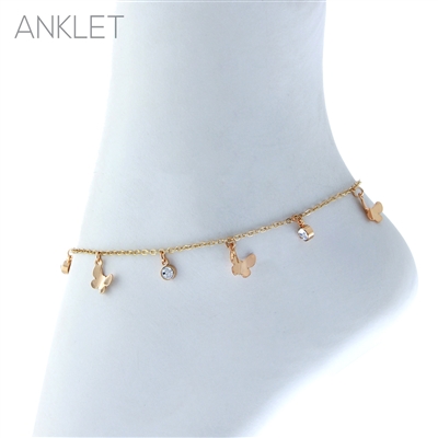 84010 GOLD BUTTERFLY & RHINESTONE CHARM ANKLET