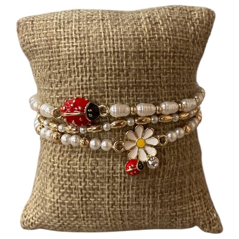 84533  LADYBUG & PEARLS 3PC BRACELET