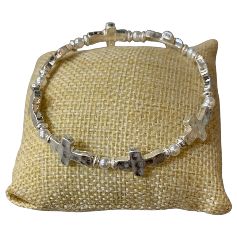84658 SILVER MATTE SMALL CROSS & PEARL STRETCH BRACELET
