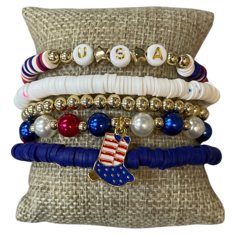 84662 MULTI BEADED USA 5 PIECE STRETCH BRACELET SET
