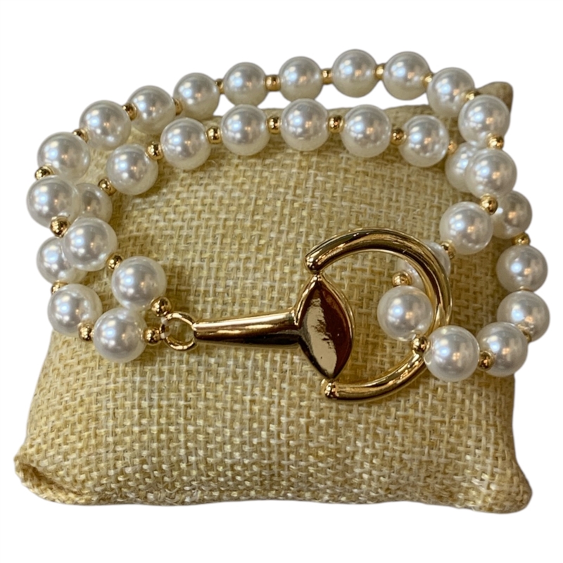 84684 GOLD CHARM DOUBLE PEARL BEADED STRETCH BRACELET