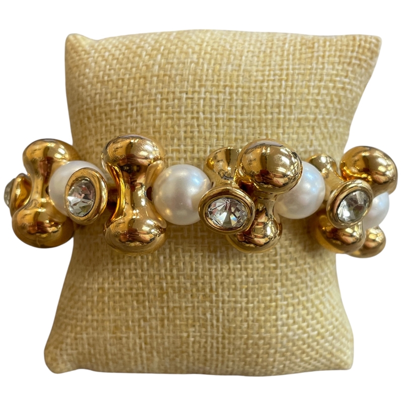 84686 GOLD RHINESTONE & PEARL CHUNKY STRETCH BRACELET