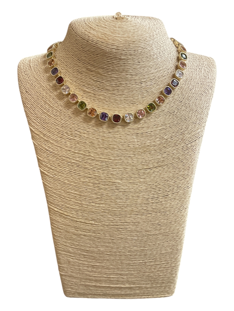 A912NG  14KG PLATED MULTI COLOR CUBIC ZIRCONIA CRYSTAL SHORT NECKLACE