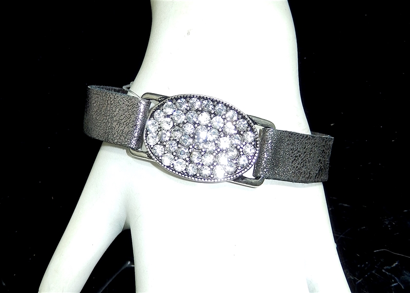 AB2010 RHINESTONE OVAL SILVER LEATHER BRACELET