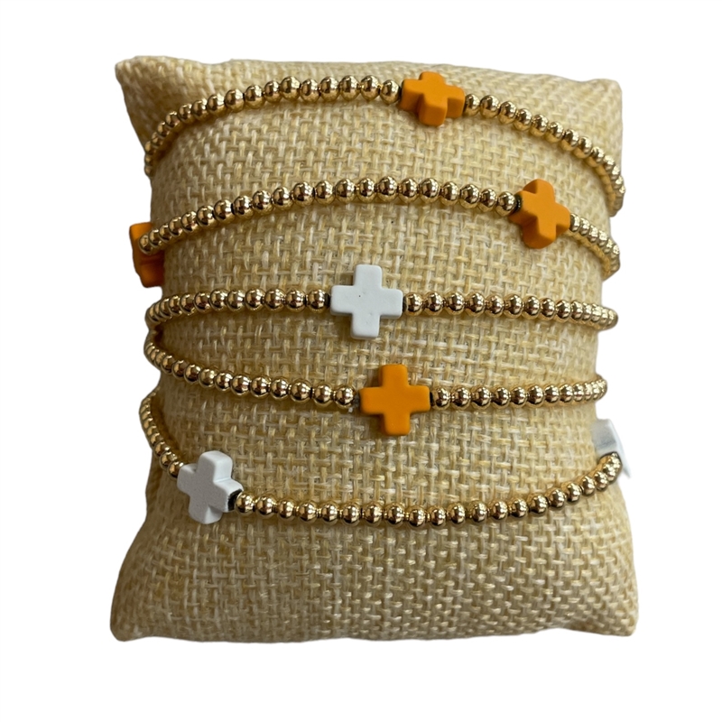 AB4810 ORANGE WHITE CROSS 5PC BEADED BRACELET