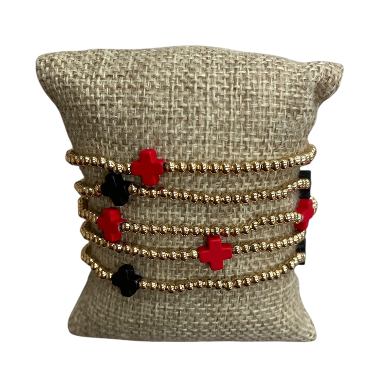 AB4810BK RED BLACK CROSS 5PC BEADED BRACELET