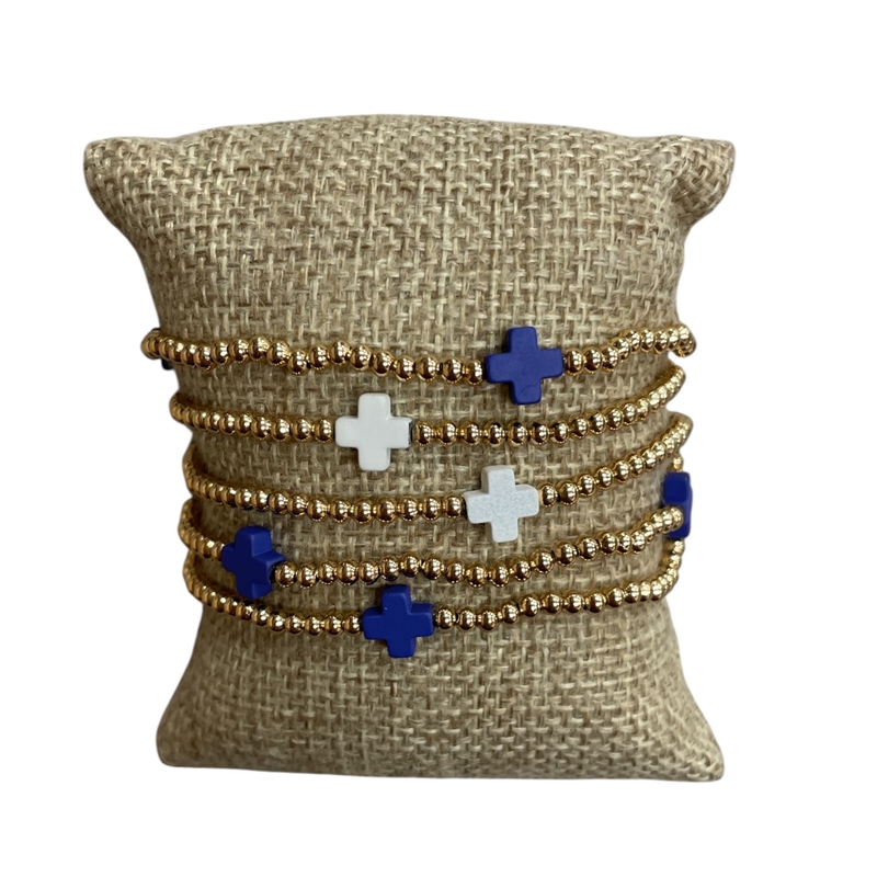 AB4810BW BLUE WHITE CROSS 5PC BEADED BRACELET