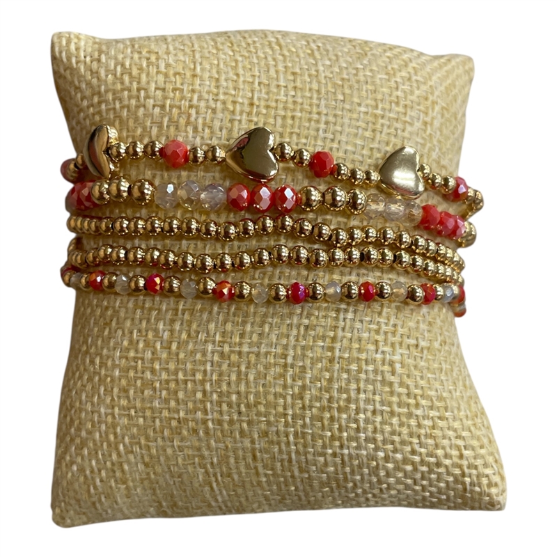 AB5610  RED  HEARTS  BEADED 5PCS SET BRACELET