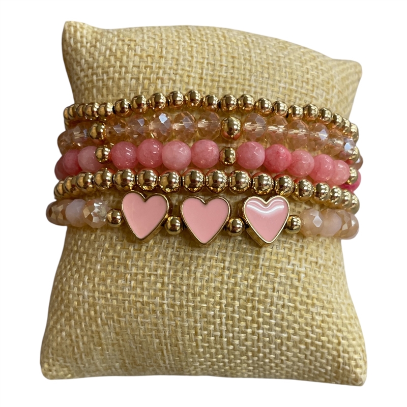 AB5701P  PINK HEARTS  BEADED 5PCS SET BRACELET