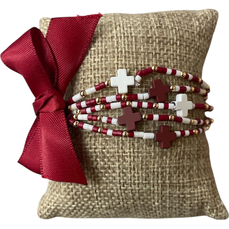 AB6063BG BURGUNDY WHITE CROSS BEADED 5PCS BRACELET