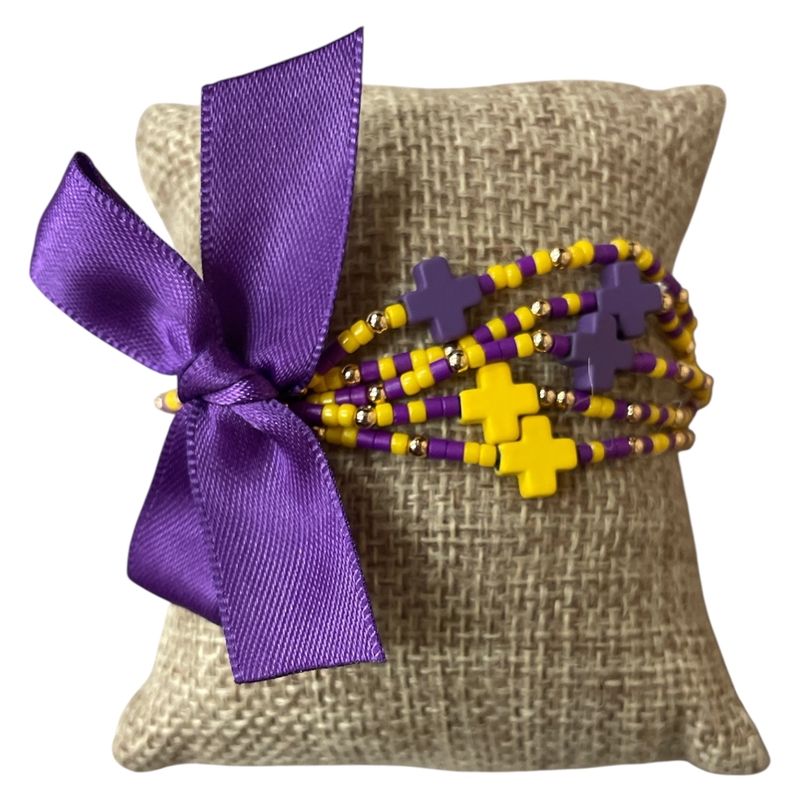 AB6063P PURPLE & YELLOW  CROSS BEADED 5PCS BRACELET