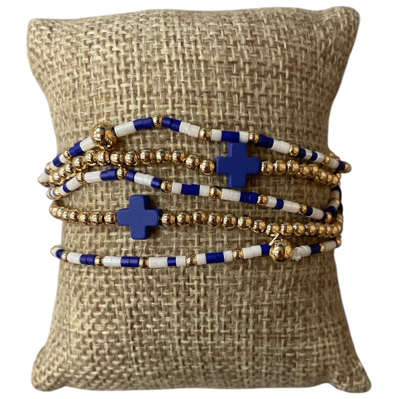 AB6064B BLUE & WHITE  CROSS BEADED 5PCS BRACELET