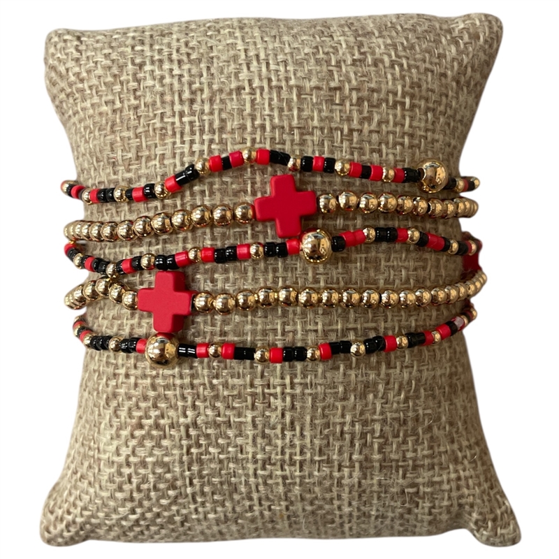 AB6064BK  RED & BLACK  CROSS BEADED 5PCS BRACELET