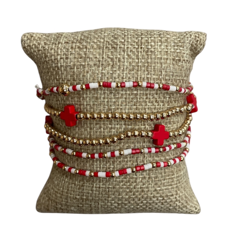 AB6064BW BURGUNDY WHITE CROSS BEADED 5PCS BRACELET