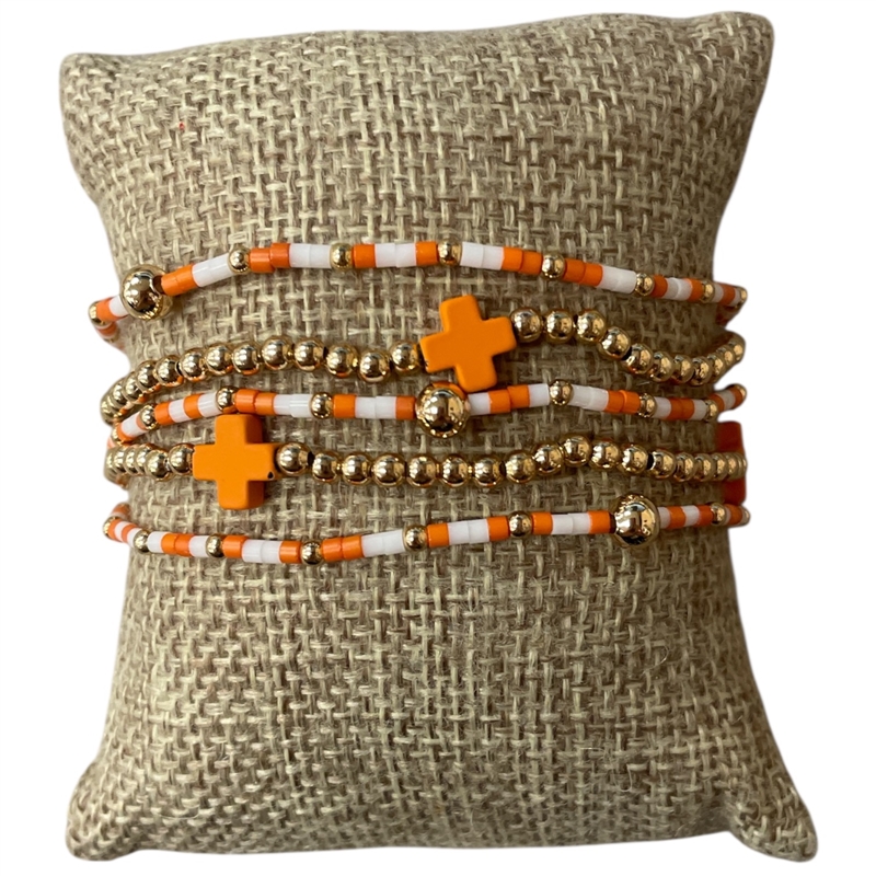 AB6064O ORANGE & WHITE  CROSS BEADED 5PCS BRACELET