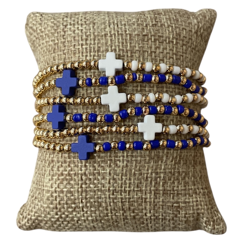 AB6065B BLUE & WHITE CROSS BEADED 6PC BRACELET