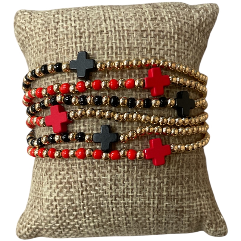 AB6065R BLACK  & RED CROSS BEADED 6PC BRACELET