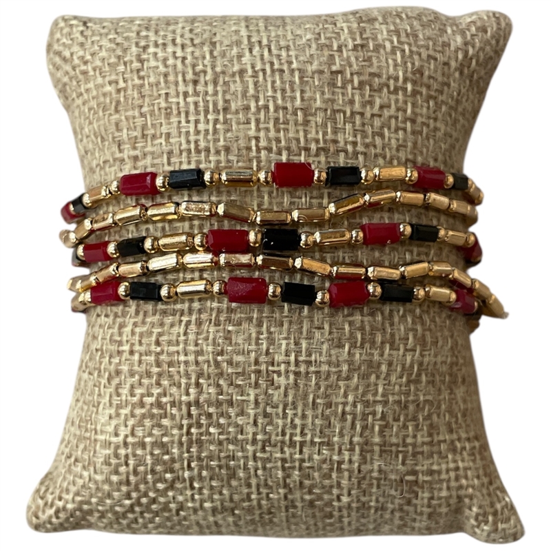 AB6096BK GOLD BURGUNDY BLACK BEADED 5PCS BRACELET